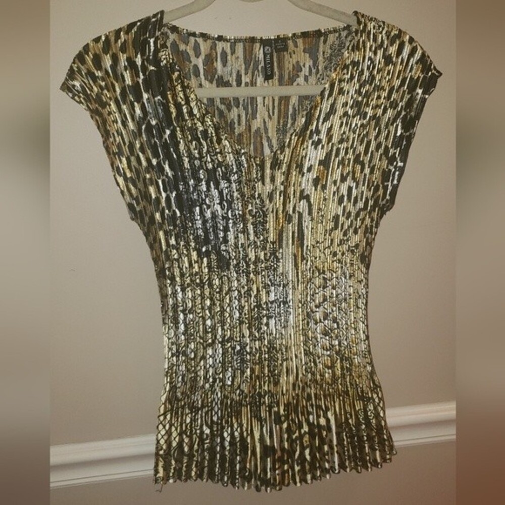 Milano Black & Gold Pleated Short Sleeveless Shirt Fabulous Print Ladies Small